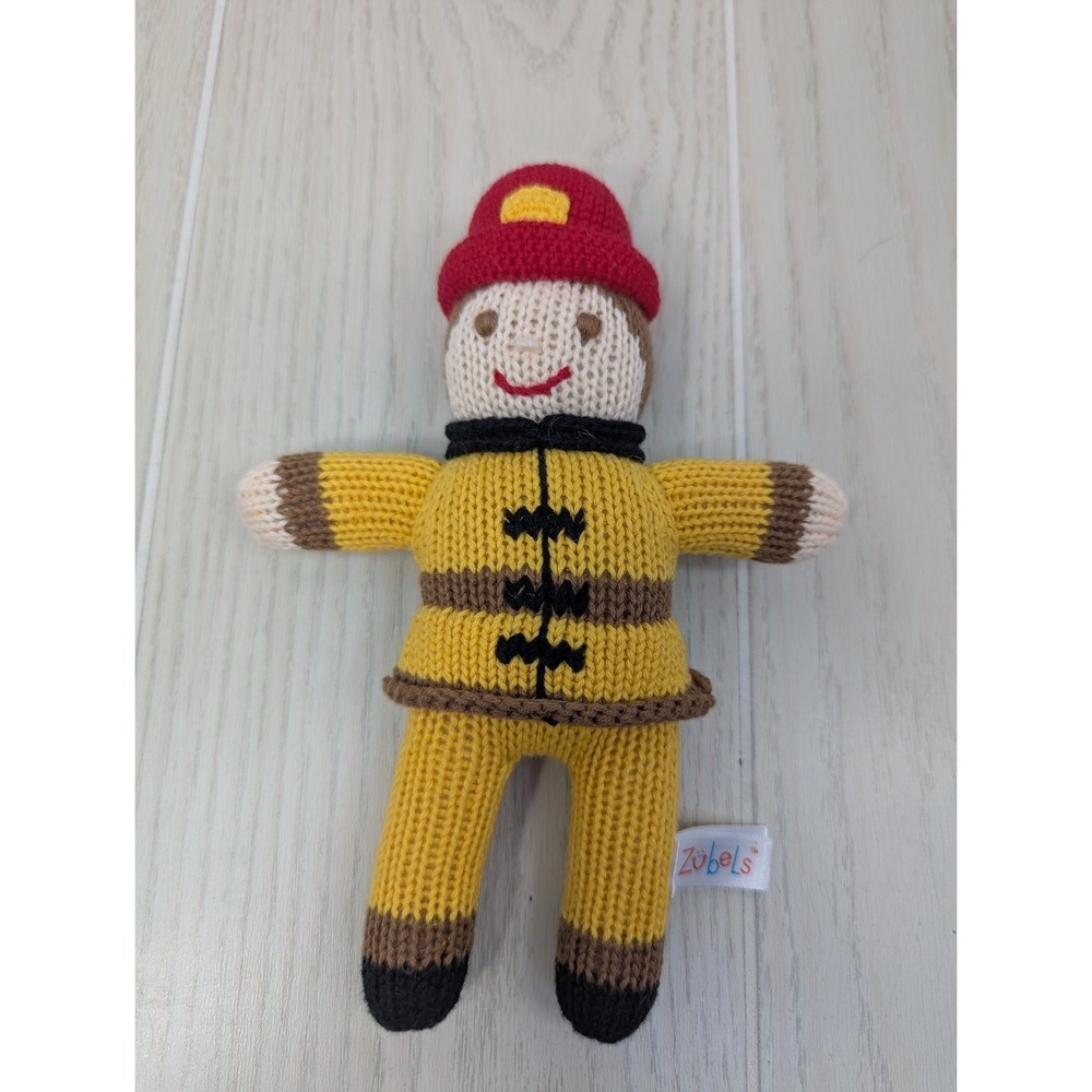 Zubels Firefighter‎ Plush Baby Rattle Knit Stuffed Doll yellow outfit red hat